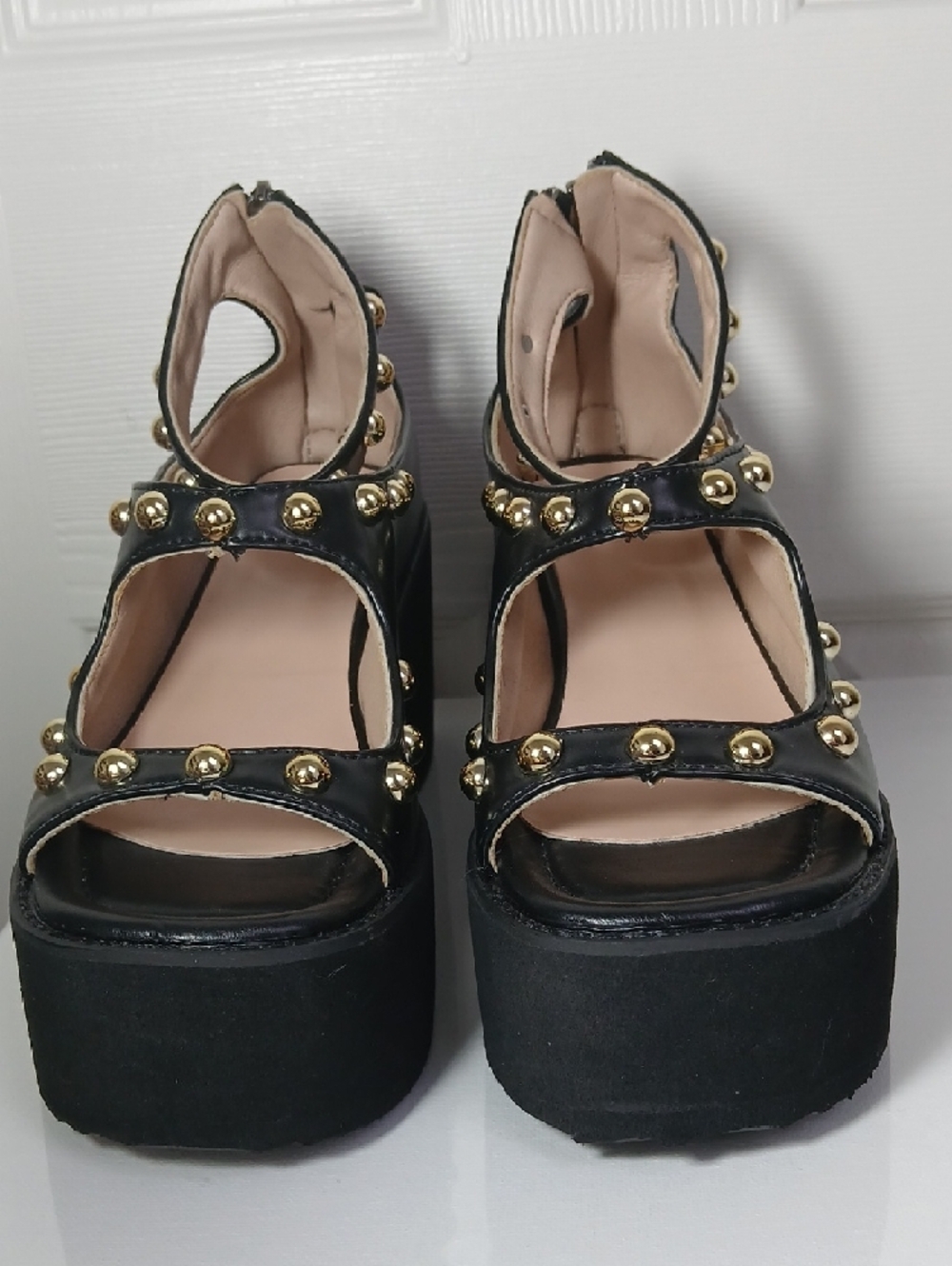 Black Studded Steampunk Goth Chunky Platform Open Toe Ankle Strap Sandals - Picture 3 of 16
